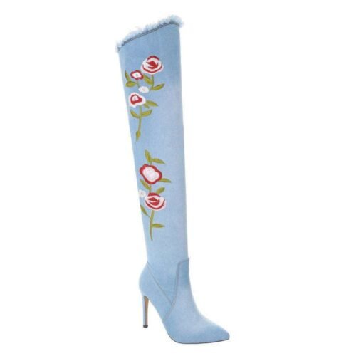 Dámske čižmy nad kolená Jeans vyšívané 8808 light blue