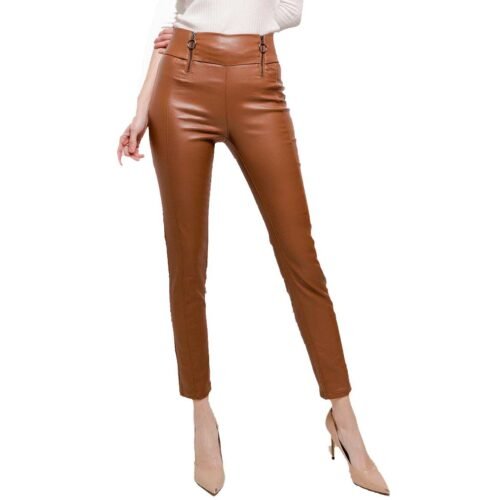 Dámske leginy nohavice kožené koženka slim 568SW brown