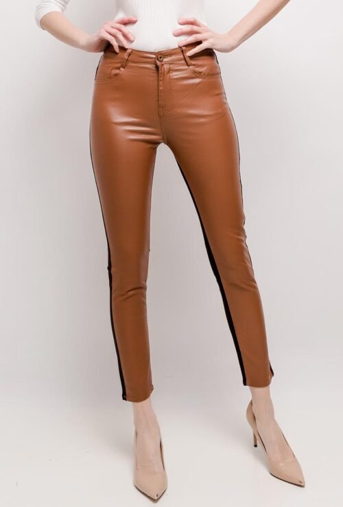 Dámske fake leather nohavice fashion skinny 595PF brown black - Image 2