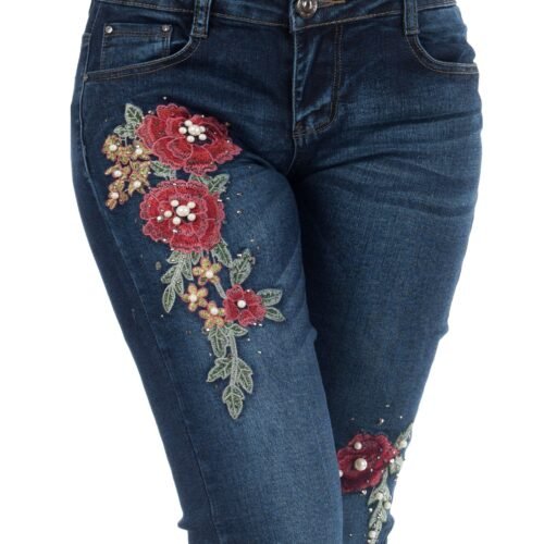 Dámske jeansy vyšívané flowers crystal 9230 dark blue