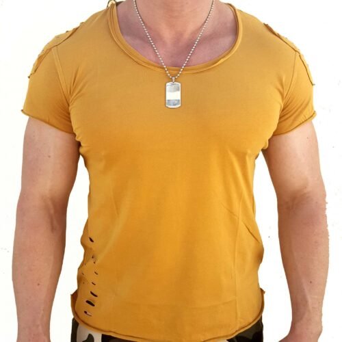 Pánske modne tričko s dierami 587 camel yellow Oneck