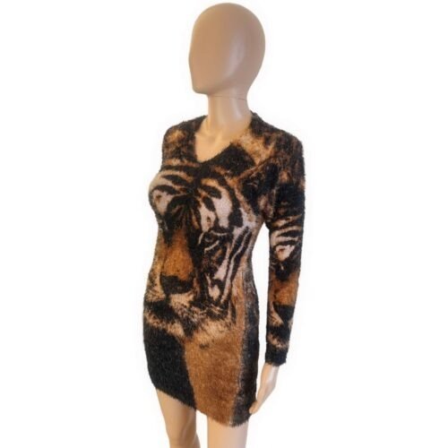 Dámsky dlhy pullover hnedy design Tiger print 9022