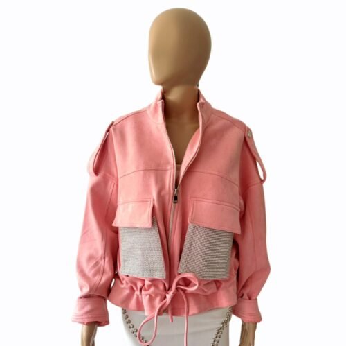 Velur bunda damska krátka strass fashion rosa pink