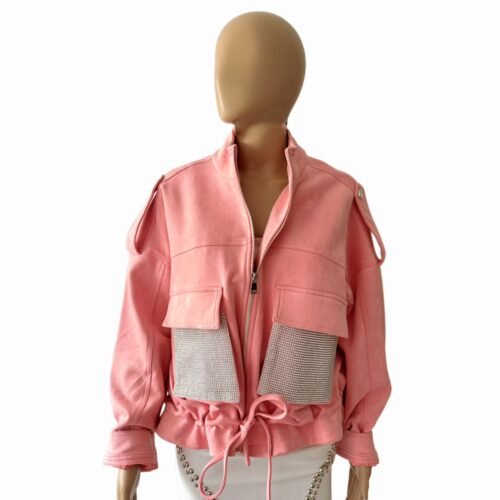 Velur bunda damska krátka strass fashion rosa pink