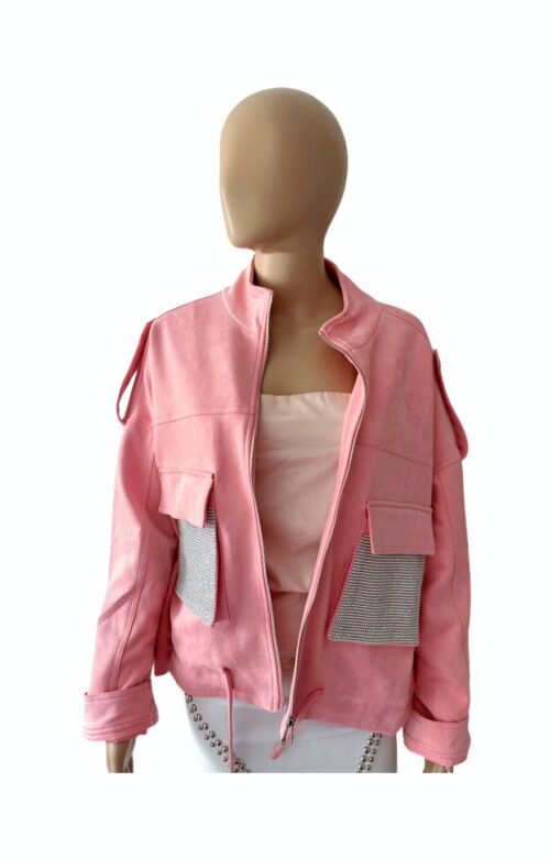 Velur bunda damska krátka strass fashion rosa pink - Image 4