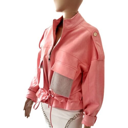 Velur bunda damska krátka strass fashion rosa pink