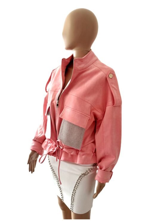 Velur bunda damska krátka strass fashion rosa pink