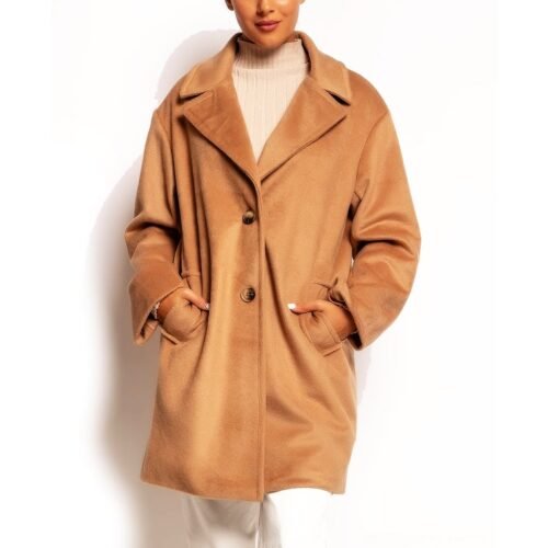 ITALY Dámsky fluffy oversize midi kabat 5570saison camel beige