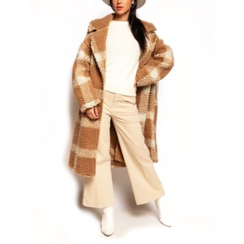 Dámsky teddy oversize kabat check karo fluffy 9931rosa