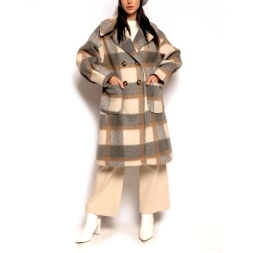 ITALY Dámsky sivy vlneny karo oversize kabat  9938rosa grey