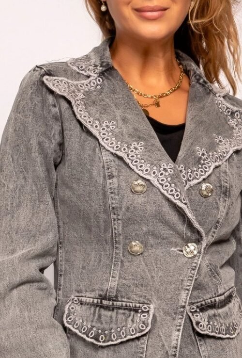 Dámske rifľové sako jeans Vyšívané blejzer sivé - Image 2