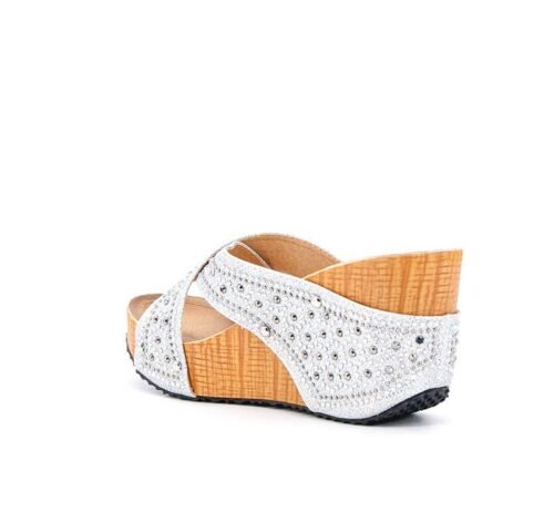 PARIS Dámske klinove sandale strass drevaky silver - Image 2
