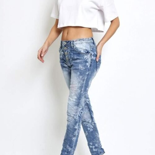 DÁMSKE RIFLE S POTLAČOU ROVNÝ STRIH JEANS BLUE 9 rifle s potlacou jeans blue 089 1