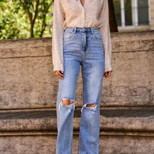 DÁMSKE ŠIROKÉ RIFLE RELAXED BOOTCUT BLUE JEANS 9 volne rifle roztrhane 1
