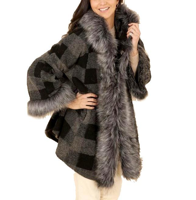 ITALY Dámsky volny vlnený kabát s kožušinou kapucňa karo