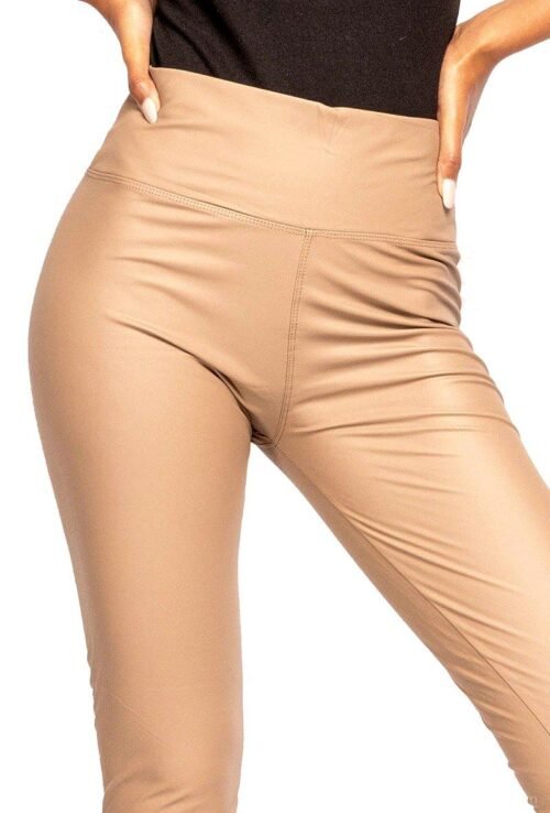 Dámske nohavice legíny fake leather z umelej kože beige - Image 2