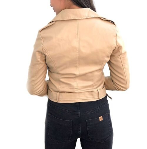 Kožená biker bunda krátka do pasa khaki beige - Image 3