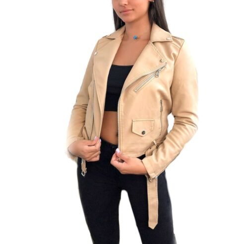 Kožená biker bunda krátka do pasa khaki beige - Image 4