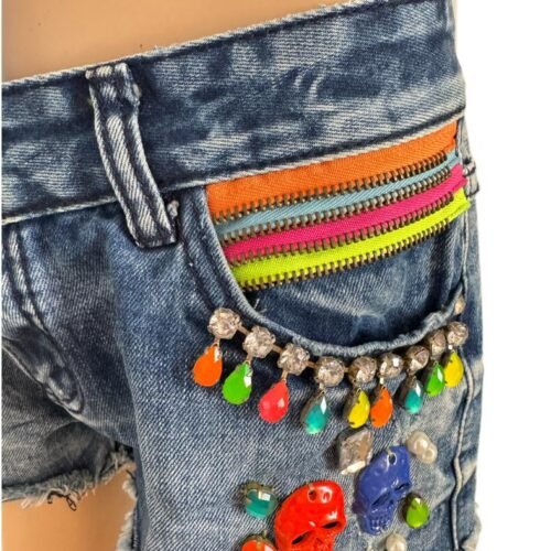 Dámske rifle šortky Fashion zdobene farebne denim