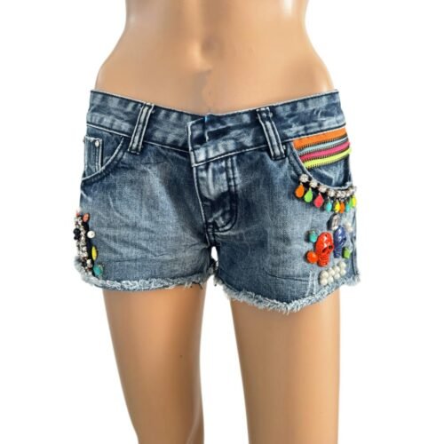 Dámske rifle šortky Fashion zdobene farebne denim
