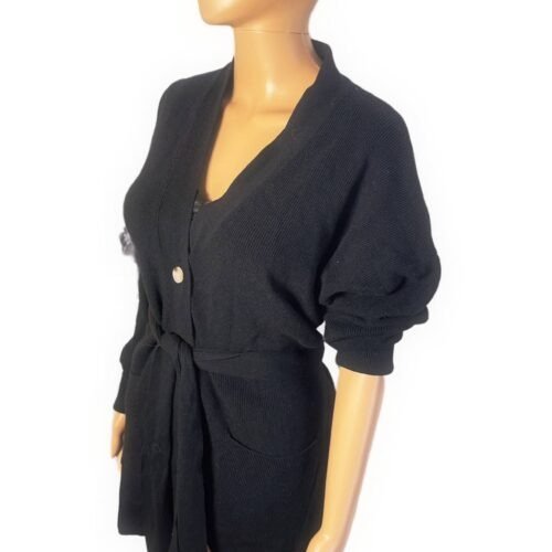 DÁMSKY SVETER CARDIGAN NA GOMBIKY S OPASKOM CIERNY 6 Dámsky sveter cardigan na gombiky s opaskom cierny