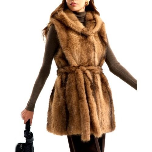 Damska kozusinova vesta kabat po bedra s kapucnou