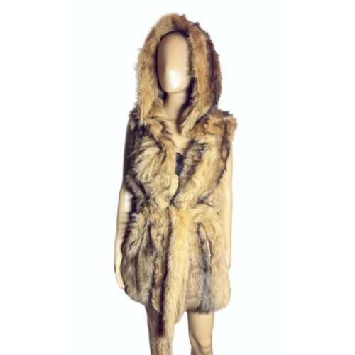 Damska kozusinova vesta kabat po bedra s kapucnou beige