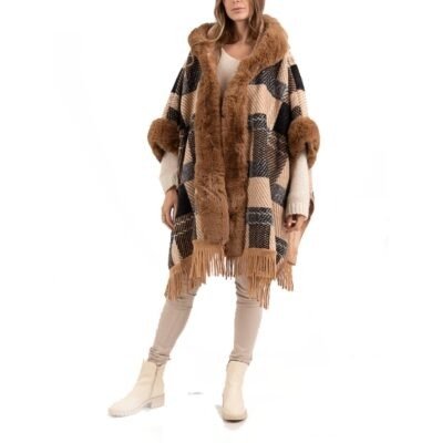 Dámska pelerína poncho s kožušinou pončo s kapucnou