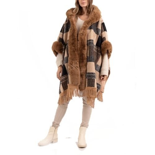 Dámska pelerína poncho s kožušinou pončo s kapucnou