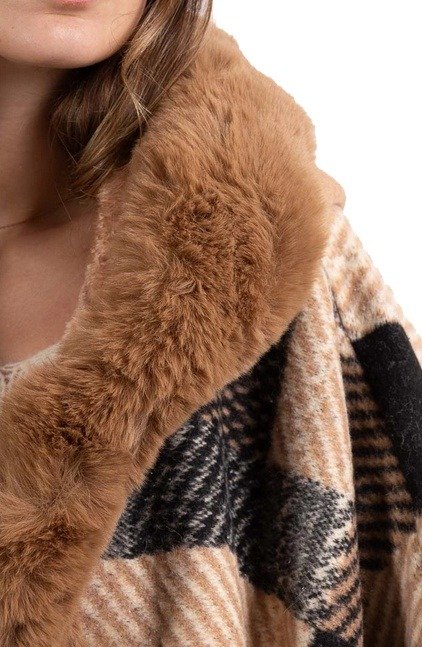 DÁMSKA PELERÍNA PONCHO S KOŽUŠINOU PONČO S KAPUCNOU 4 Dámska pelerína poncho s kožušinou pončo s kapucnou – Obrázok 3