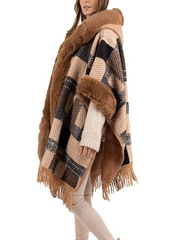 Alternative view of Dámska pelerína poncho s kožušinou pončo s kapucnou