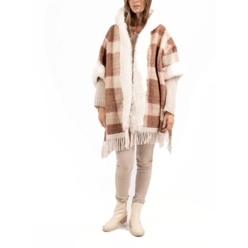 Alternative view of Dámska pelerína poncho s kožušinou pončo s kapucnou beige