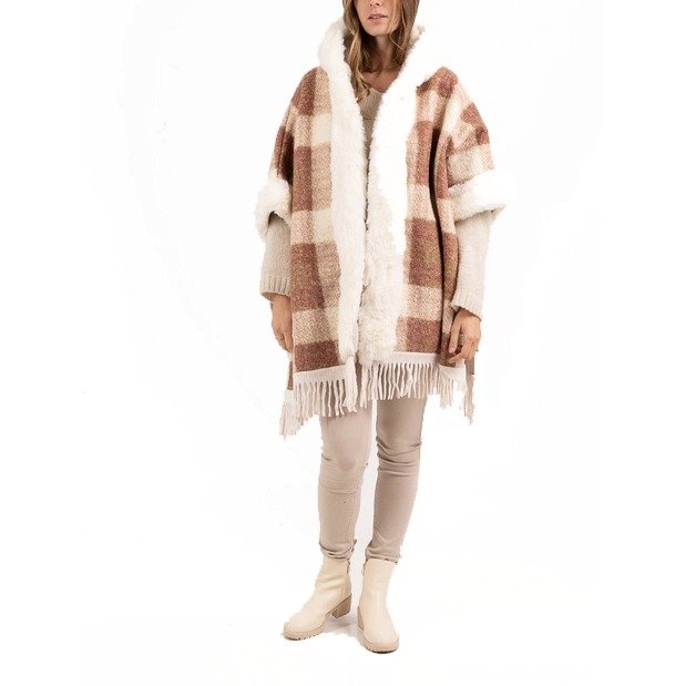 DÁMSKA PELERÍNA PONCHO S KOŽUŠINOU PONČO S KAPUCNOU BEIGE 3 Dámska pelerína poncho s kožušinou pončo s kapucnou beige – Obrázok 2
