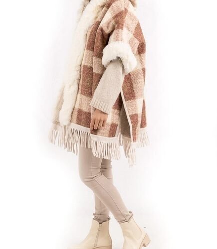 DÁMSKA PELERÍNA PONCHO S KOŽUŠINOU PONČO S KAPUCNOU BEIGE 6 ponco poncho s kozusinou kozusina damske 9989 zimne beige