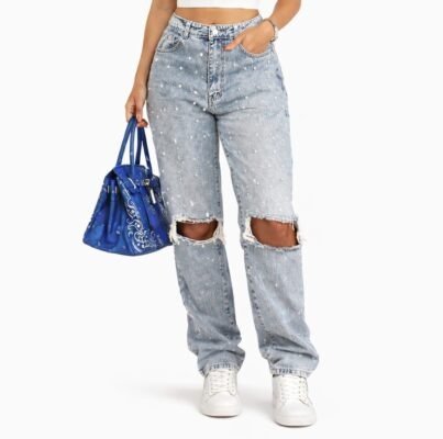 Dámske regular fit rifle blue denim jeans pearls