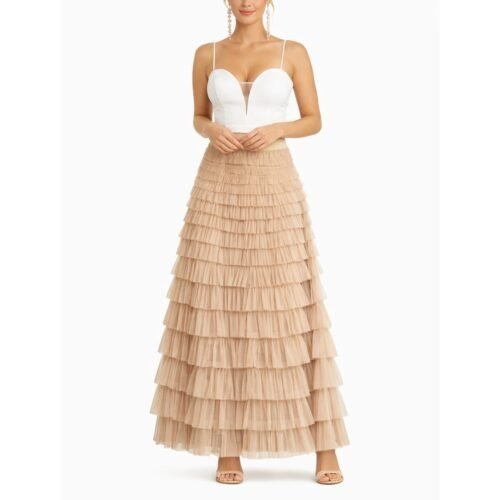 Béžová maxi sukňa tylova Tyl princess elegant