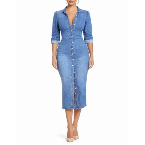 Žena v stredne modrých džínsových midi košeľových šatách s 3/4 rukávmi a gombíkovým zapínaním.