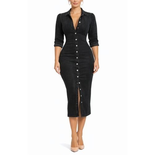 džínsové riflove košeľové šaty s 3/4 rukávmi cierne