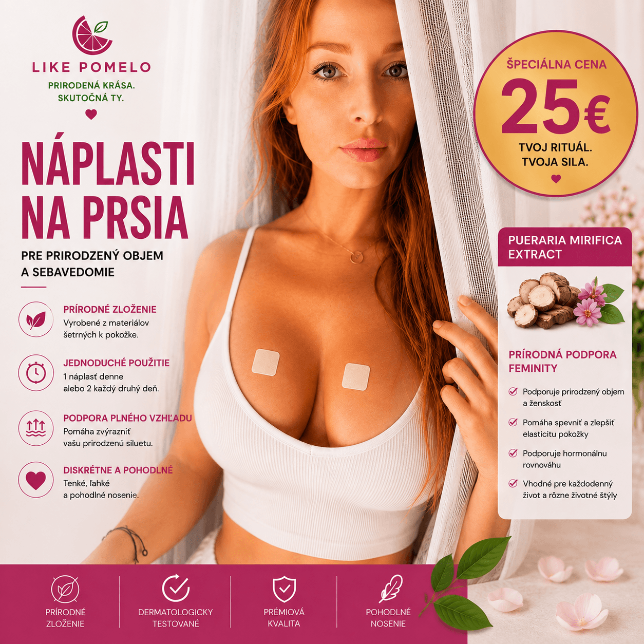 PUERARIA MIRIFICA PATCHES TRANSDERMÁLNE NÁPLASTE 30KS 3 Naplaste na prsia Boobs patches 30ks biele likepomelo multibella pueraria mirifica