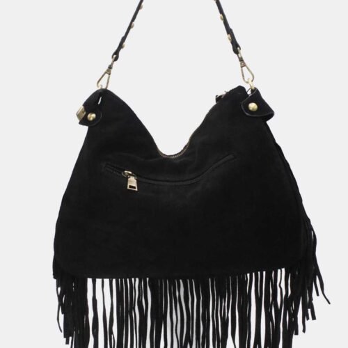 FRANCE Taška kabelka Messenger so strapcami Zamatová 6178 Black – Obrázok 4
