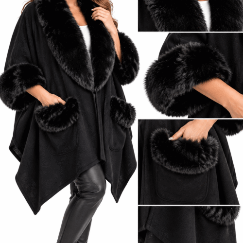 Dámska pelerína kožušinove pončo oversize black